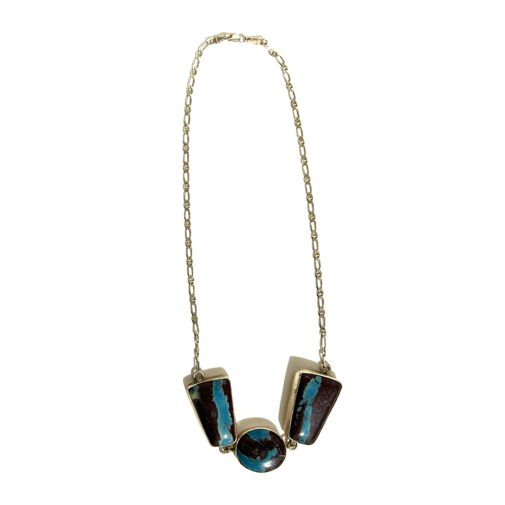 Vintage Mexican Turquoise Aztec Lapis Sterling Silver 3 Stone Necklace 925 Stamp